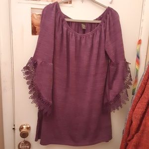 WinWin L/XL Purple Crochet Lace Open Bell Sleeves Light Sweater Top Tunic